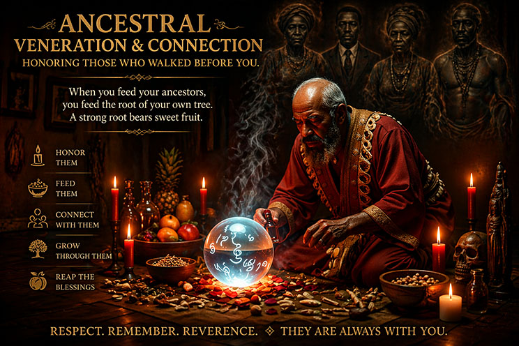 Ancestral altar with photos, candles, water glass, and food offerings